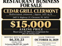 Cedar Grill Clermont – Mediterranean Restaurant for Sale
