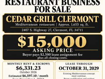 Cedar Grill Clermont – Mediterranean Restaurant for Sale